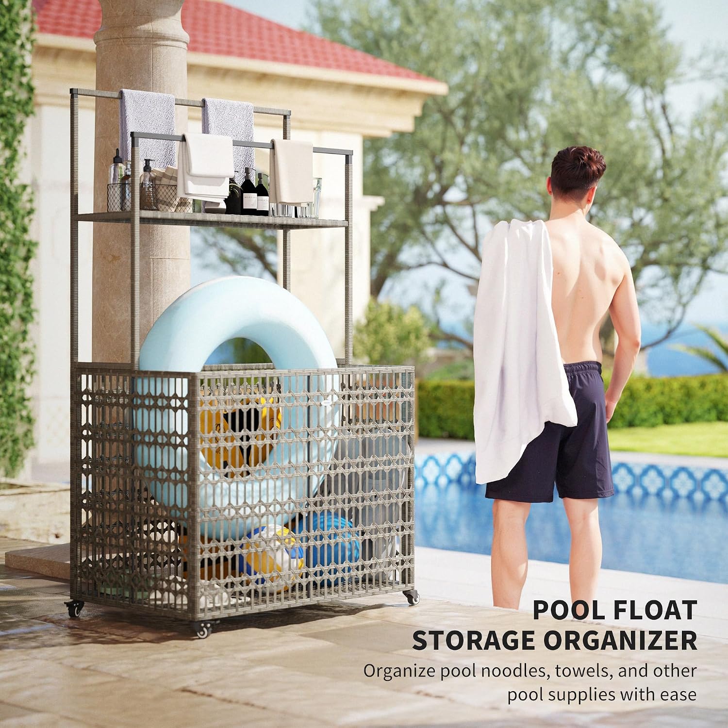 Outsunny Wicker Pool Float Storage Organizer, PE Rattan Pool Float Holder with Basket Shelf Towel Bars, Rolling Pool Caddy for Floaties, Noodles, Life Vests, Beach Balls, Mixed-Gray