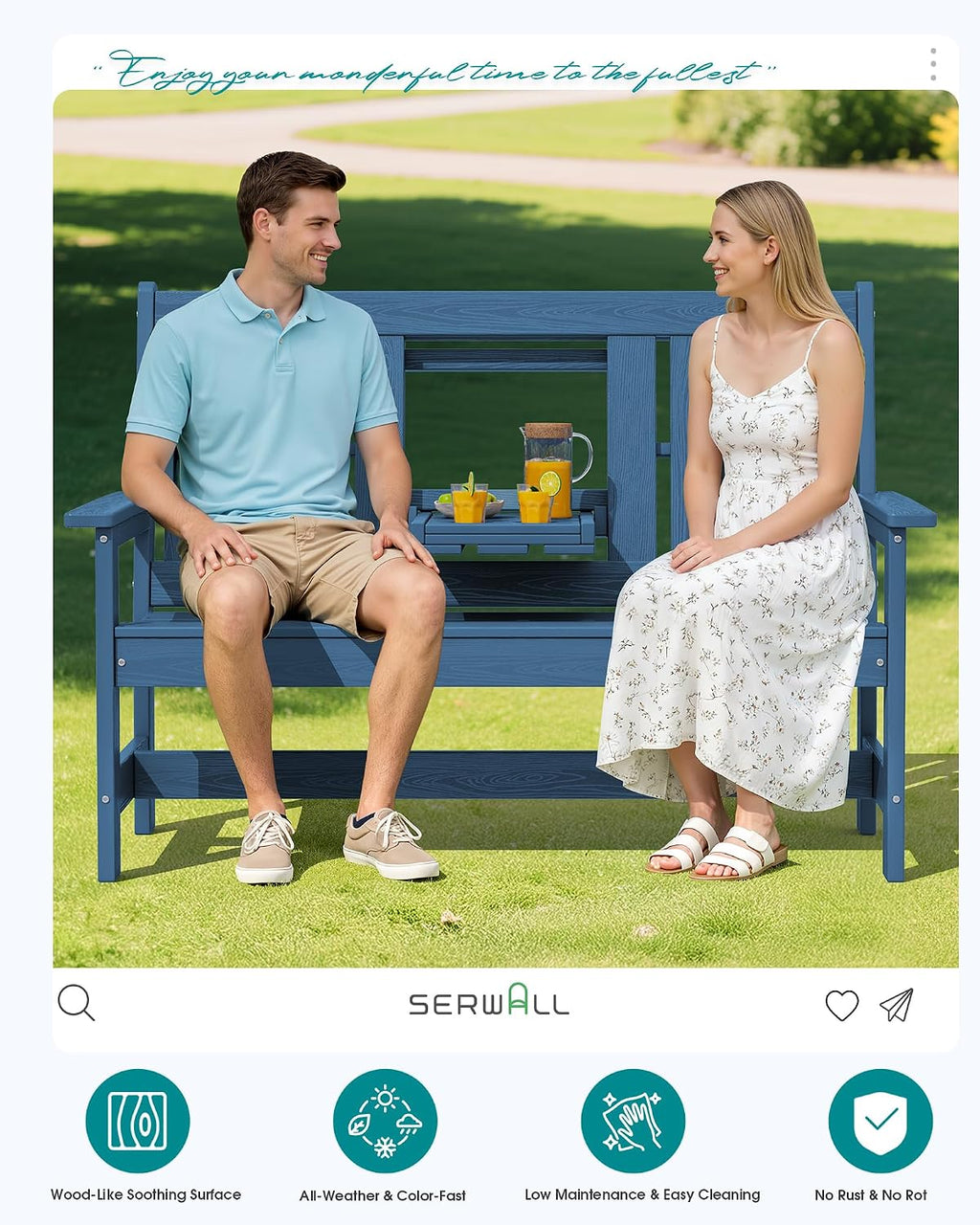 SERWALL Outdoor Bench with Cup Holder, 58' HDPE Front Porch Bench Suitable for 3 Person, All Weather Patio Benches with High Backrest and Wide Armrests for Garden, Park, Yard, Navy
