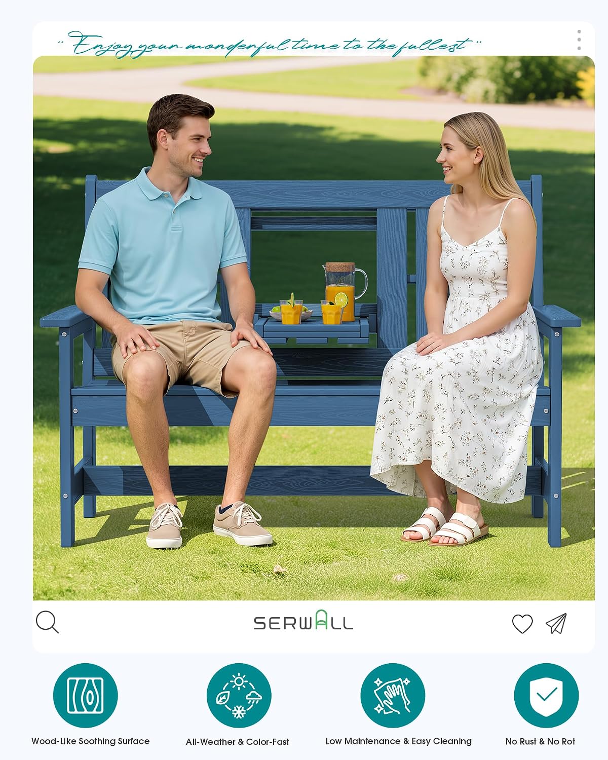 SERWALL Outdoor Bench with Cup Holder, 58' HDPE Front Porch Bench Suitable for 3 Person, All Weather Patio Benches with High Backrest and Wide Armrests for Garden, Park, Yard, Navy
