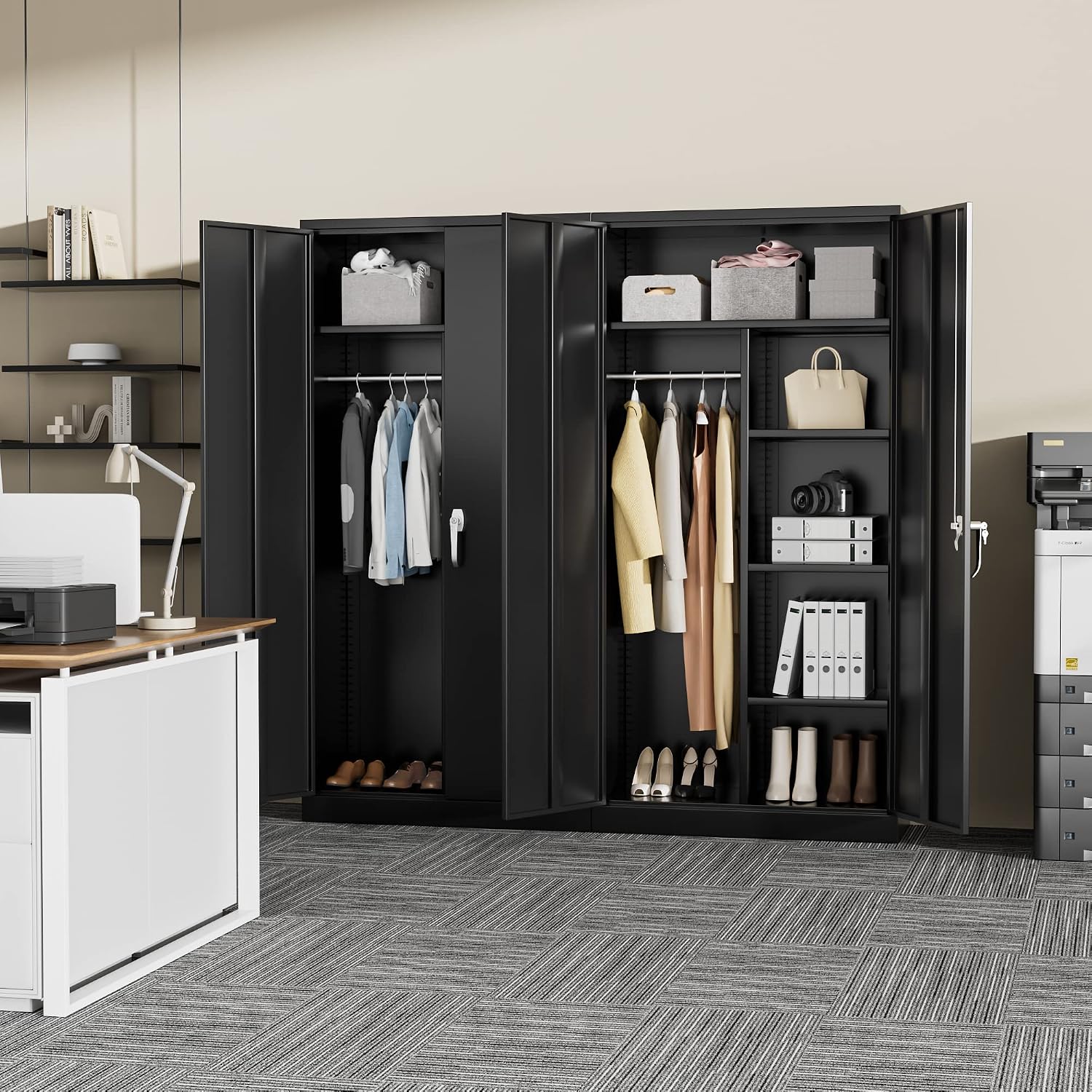 Greenvelly Metal Storage Cabinet with 2 Doors, Black 72' Steel Storage Wardrobe Cabinet, Employees Locker Closet Clothing Coat Steel Wardrobe Cabinet with Hanging Rod for Garage, Gym, Home Office