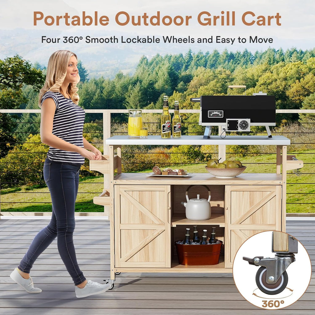 Zevemomo Outdoor Grill Cart with Storage, Stainless Steel Tabletop Outdoor Kitchen Island, Solid Wood Outdoor Buffet Cabinet with Wheels for Grilling, Light Wood Color