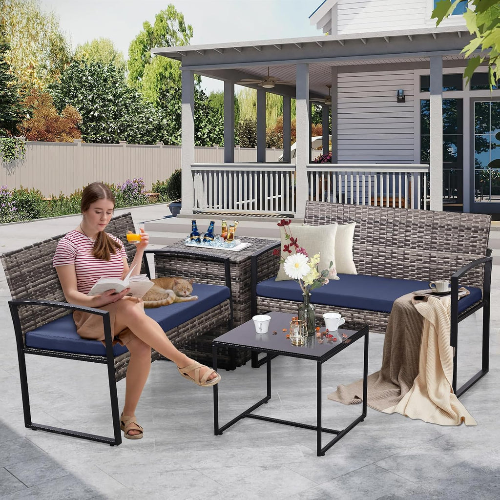 FHFO 4 Piece Outdoor Patio Furniture Set with Built-in Beverage Cooler Storage Box, Wicker Conversation Sets Patio Outdoor Loveseats & Coffee Table for Outside, Garden, Balcony, Porch, Grey/Blue