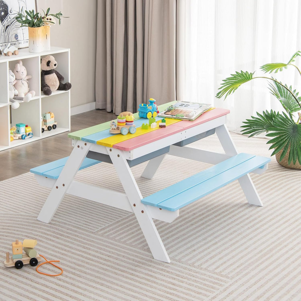 Costzon Kids Picnic Table with Sensory Bins, 4 in 1 Sand and Water Table with Height Adjustable Umbrella, Removable Tabletop for Outdoor Backyard Patio Play