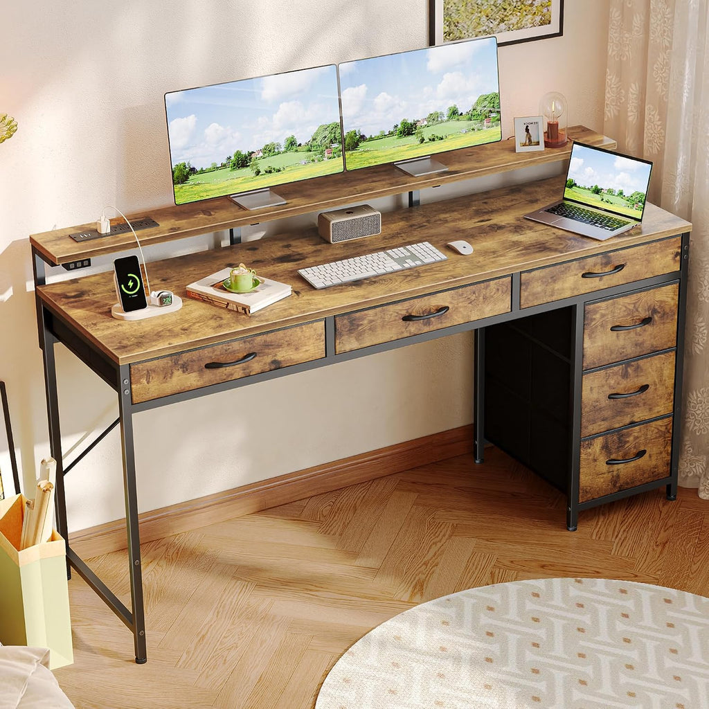 Huuger Gaming Desk with 6 Drawers, Computer Desk with LED Lights Power Outlets and Type-C, 55 Inch Office Desk with Storage, Monitor Stand, Writing Desk Work Desk for Home Office, Study, Rustic Brown