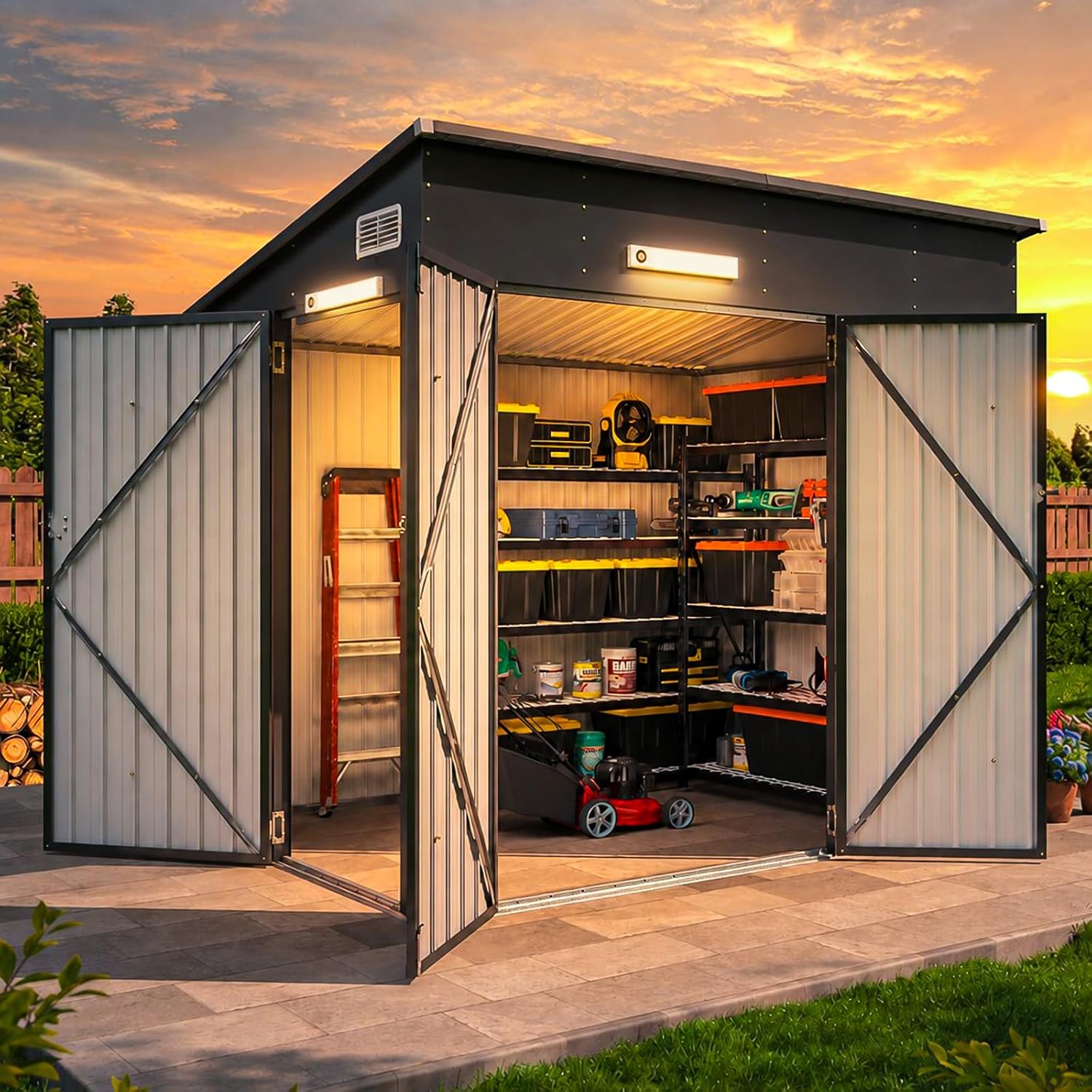 Aoxun 7.5'x4' Triple Door Shed Outdoor Storage Shed with Magnetic Sensor Light Three Door Metal Storage Cabinet with Slopping Roof for Tools Bicycles Storage for Garden, Backyards (Black)