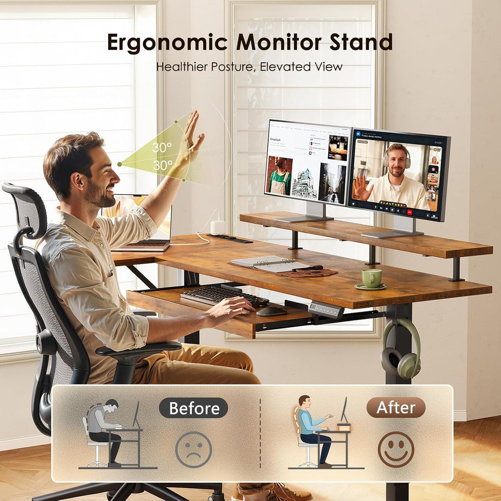 OffiGo 63 Inch Electric L Shaped Standing Desk with Keyboard Tray, Reversible Height Adjustable Corner Computer Desk with Monitor Stand, Sit Stand Up Lift Table for Home, Office, Rustic Brown