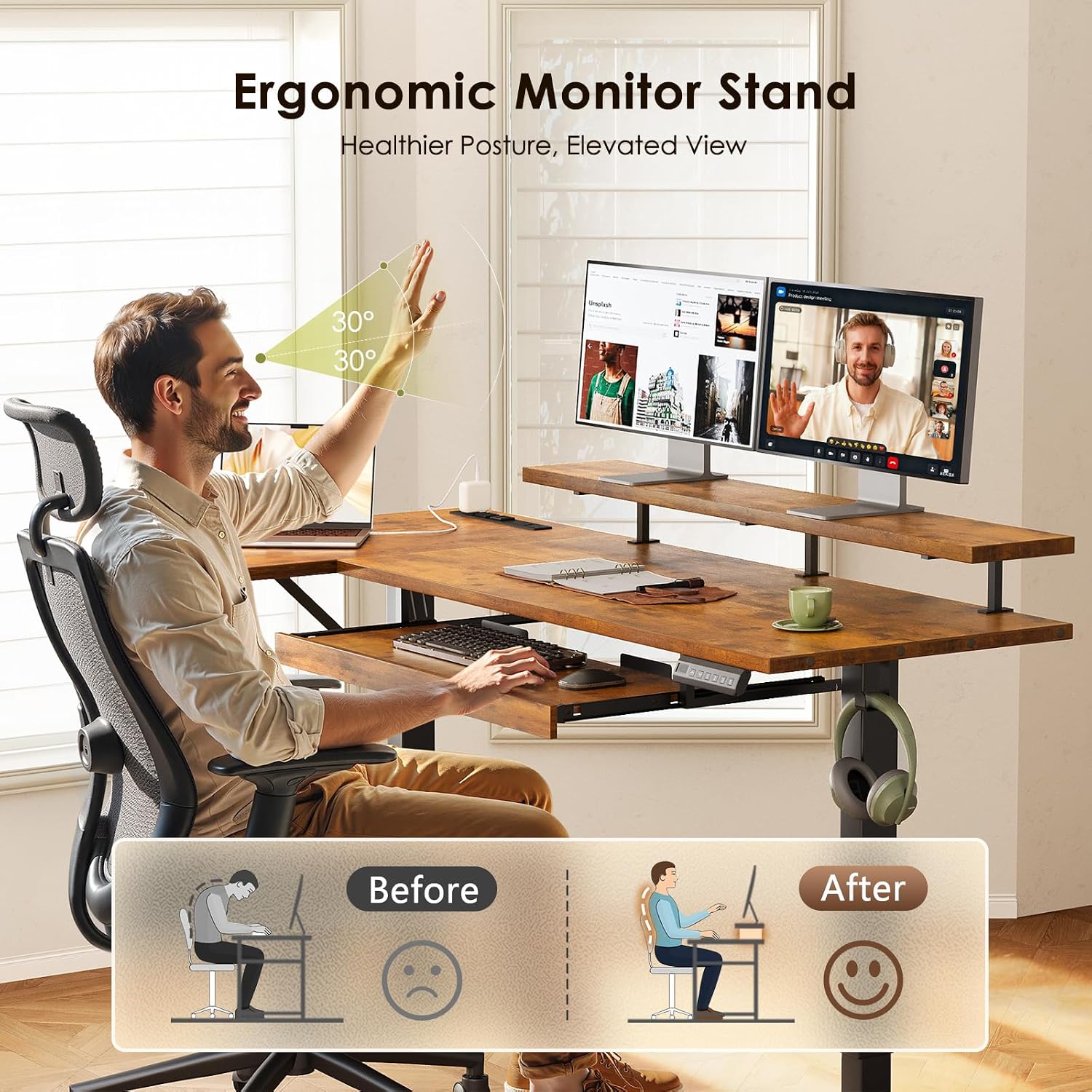 OffiGo 63 Inch Electric L Shaped Standing Desk with Keyboard Tray, Reversible Height Adjustable Corner Computer Desk with Monitor Stand, Sit Stand Up Lift Table for Home, Office, Rustic Brown