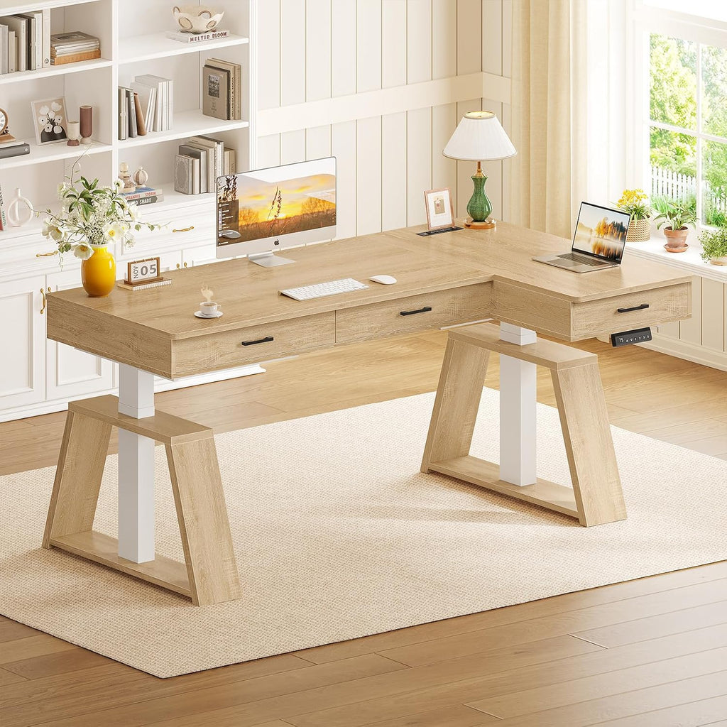SEDETA 59 Inch L Shaped Electric Standing Desk with Drawers, Executive Adjustable Desk with Power Outlets, Sit Stand Computer Table for Home Office, Oak