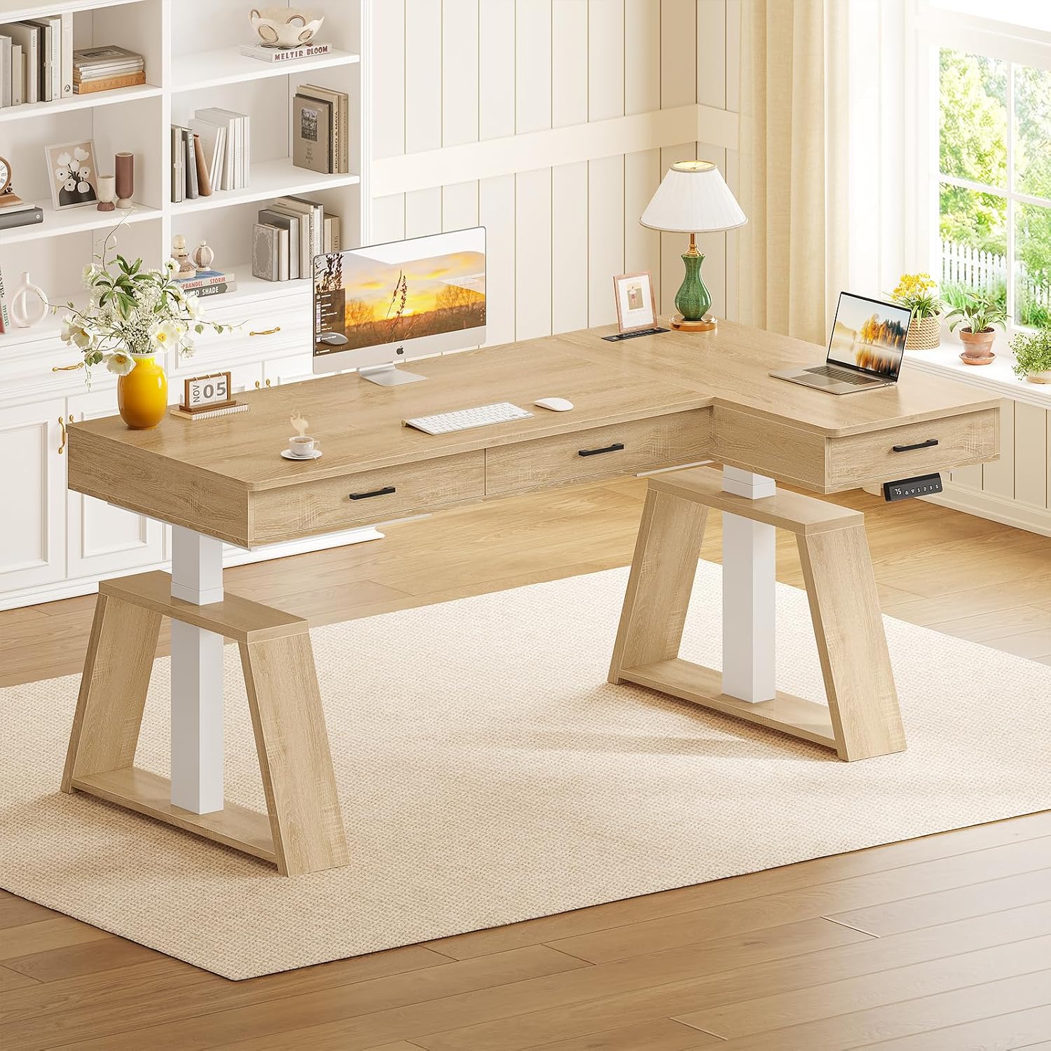 SEDETA 59 Inch L Shaped Electric Standing Desk with Drawers, Executive Adjustable Desk with Power Outlets, Sit Stand Computer Table for Home Office, Oak