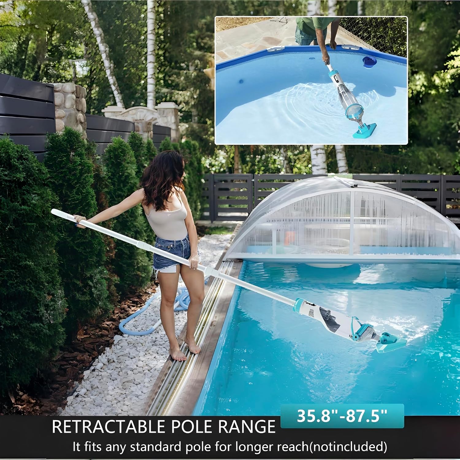 Cordless Pool Vacuum for Above Ground, Handheld Pool Spa Vacuum Cleaner for Inground Pools Hot Tub, Rechargeable, 60' Extendable Pole, up to 19.5 GPM for Leaves, Debris, Shallow Steps