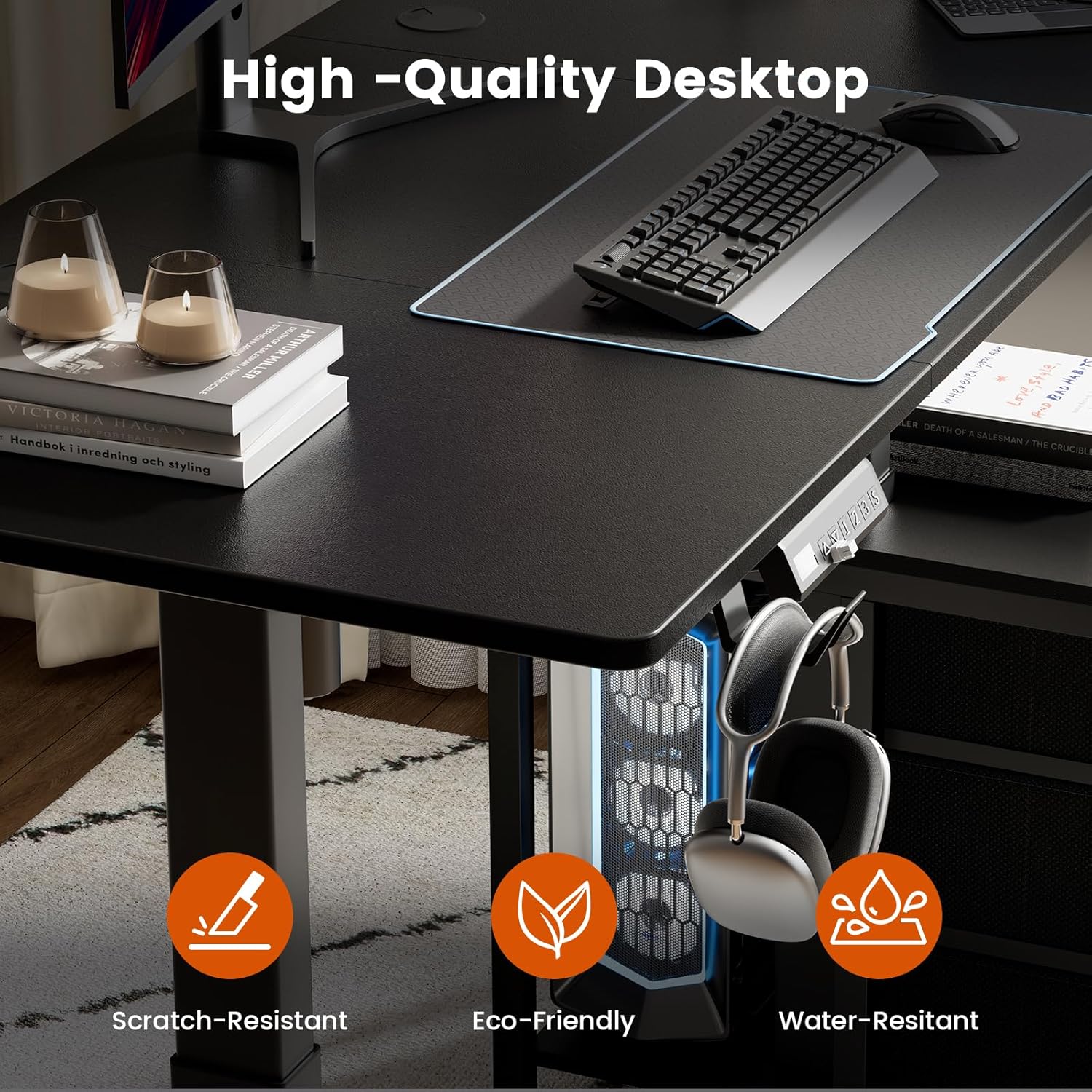 REAHOME Electric Standing Desk with Drawers, 47 x 24 Inches Height Adjustable Sit Stand Desk with Storage, 3 Memory Preset Home Office Computer Desk, Printer Cabinet, 2 Hooks, Cable Management, Black