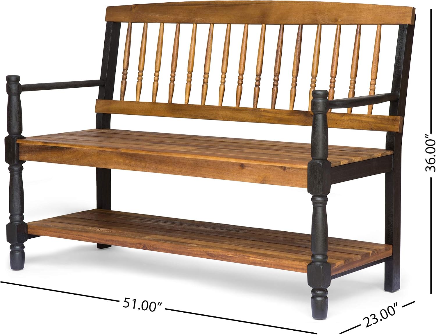 Great Deal Furniture Christopher Knight Home Daphne Outdoor Acacia Wood Bench with Shelf, Teak and Black Finish