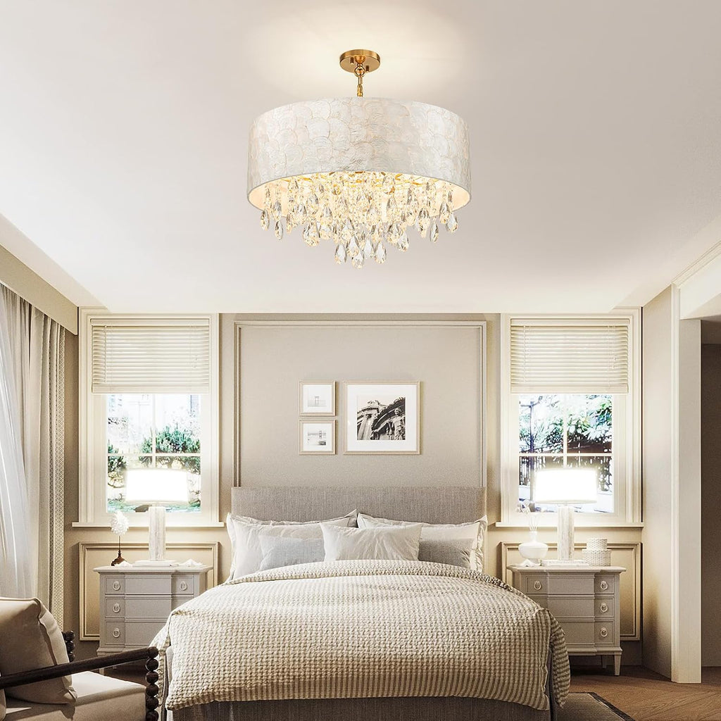 LumFurn X-Large D24in Drum Capiz Shell Crystal Chandeliers, 6-Light Coastal Style Light Fixture for Dining Room, Living Room, D24xH23~71in(Adjustable), K9 Crystal, Shell Lampshade & Gold Finish