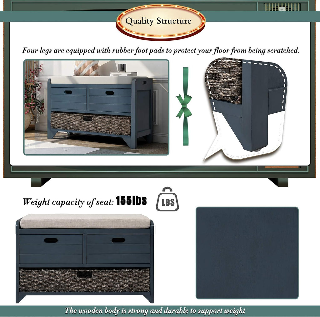 Merax Classic Wood Shoe Storage Bench with 2 Drawers, Large Rattan Basket and Seat Cushion for Entryway Hallway Front Door Navy