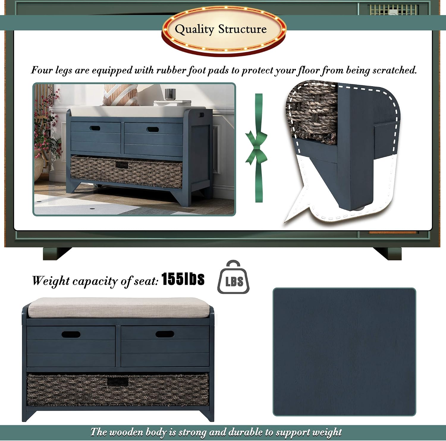 Merax Classic Wood Shoe Storage Bench with 2 Drawers, Large Rattan Basket and Seat Cushion for Entryway Hallway Front Door Navy