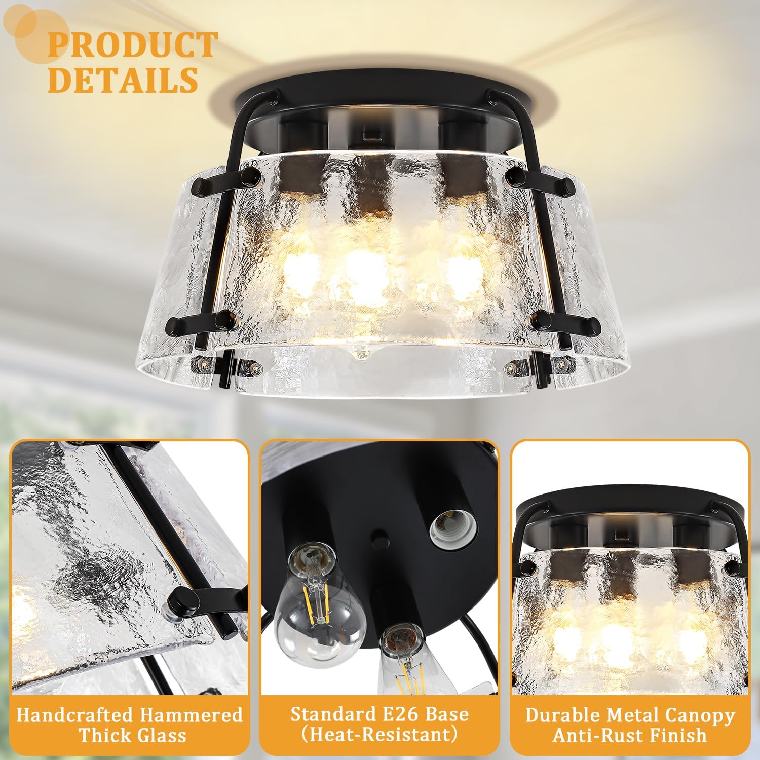 Modern Semi Flush Mount Ceiling Light, 3-Light Black Kitchen Light Fixtures Thick Hammered Glass Close to Ceiling Lights for Hallway Entryway Dining Room Bedroom Bathroom Laundry Room