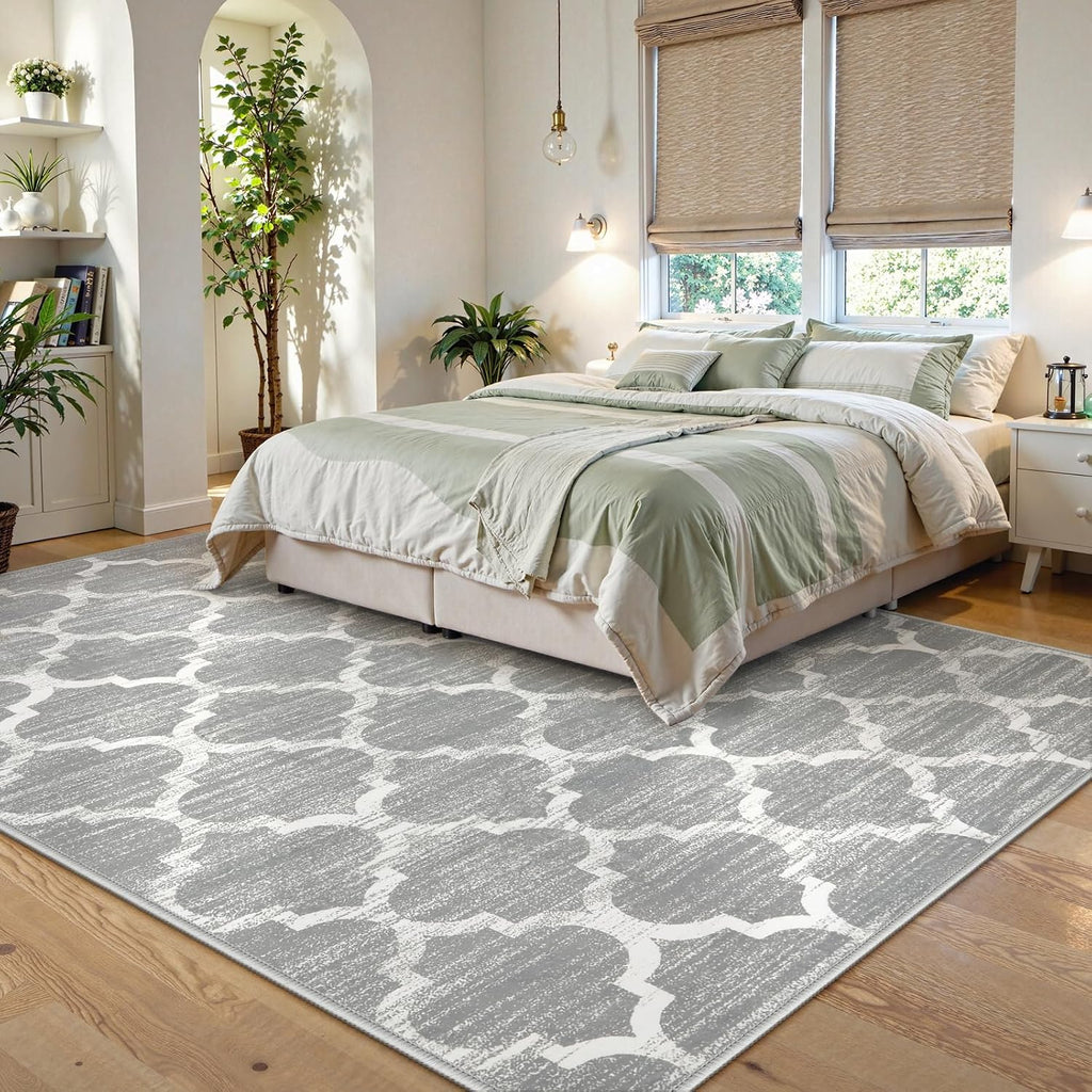 Lahome Moroccan Washable Rugs 8x10,Grey Rug for Living Room,Soft Boho Large Bedroom Rug 8x10 Under Bed Boho Dining Room Rugs for Under Table Geometric Office Room Meline