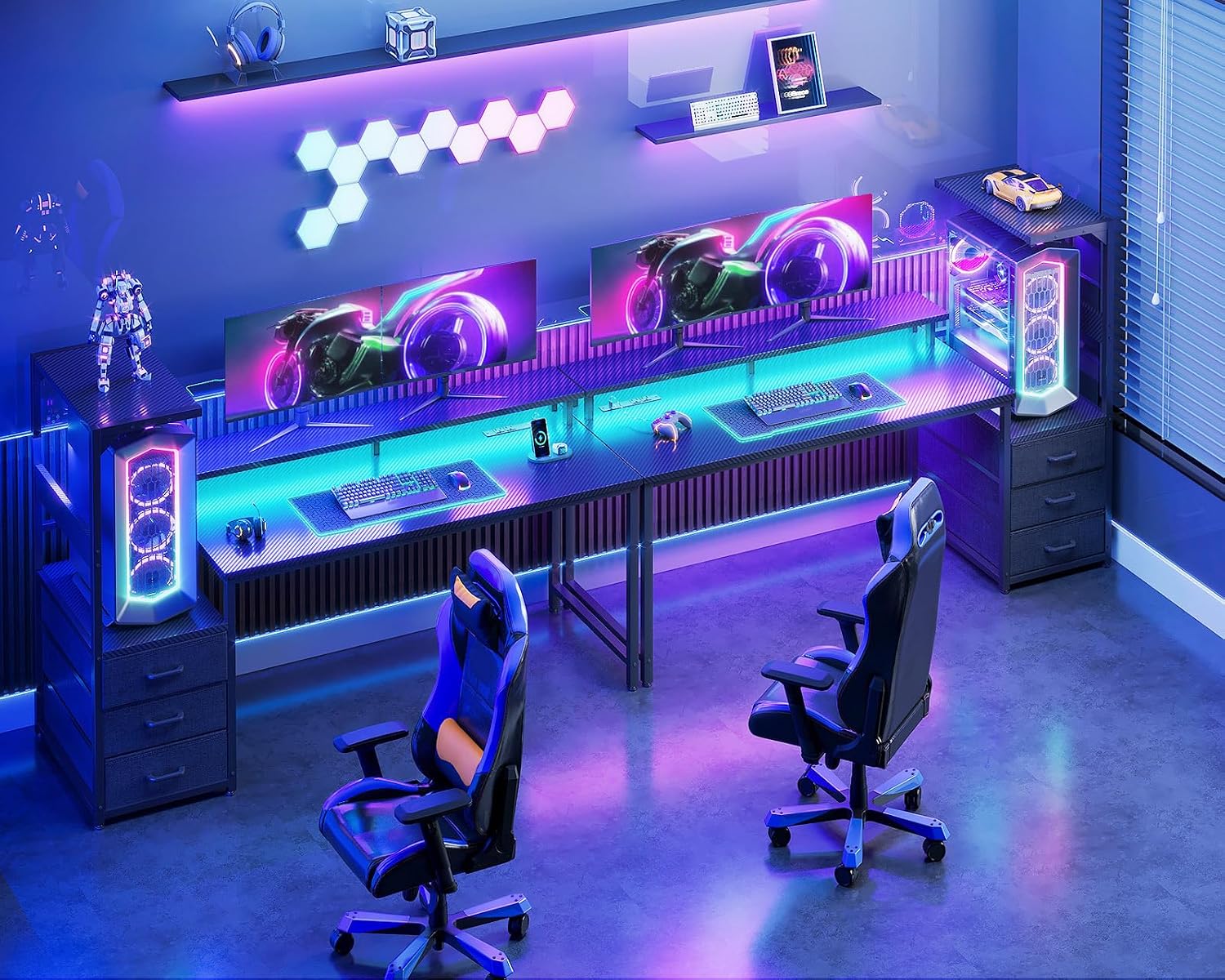 Casaottima 52 Inch Gaming Desk with USB Charging Ports & LED Light - Reversible Computer Desk with 3 Fabric Drawers, Monitor Stand, CPU Stand, Modern Office Desk, Black