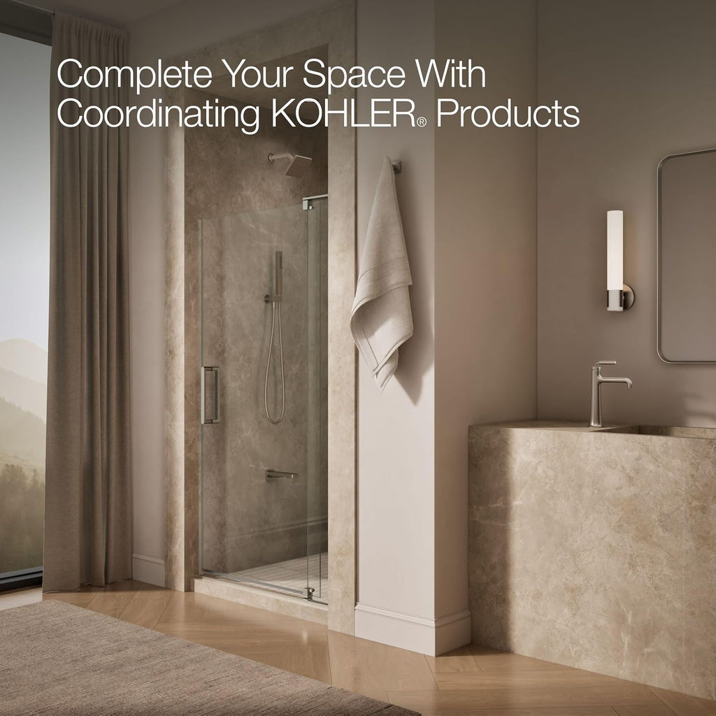 KOHLER pivot shower door, 74'H x 35-1/8-40'W, with 5/16' thick Crystal Clear glass