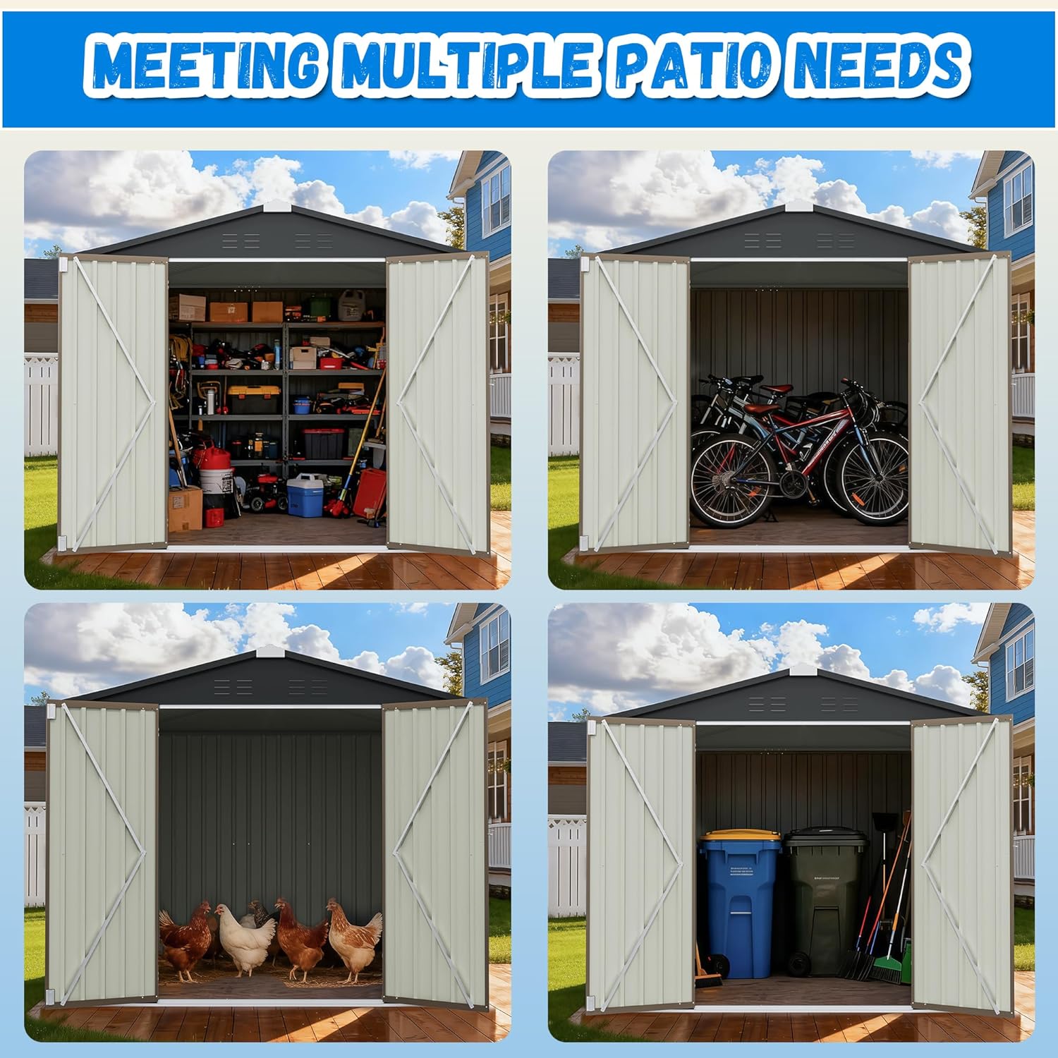 Greesum 8x8FT Outdoor Storage Shed, Utility Tool Shed with Sloping Roof, Metal Storaged Garden Shed with Door & Lock for Patio Storage, Brown