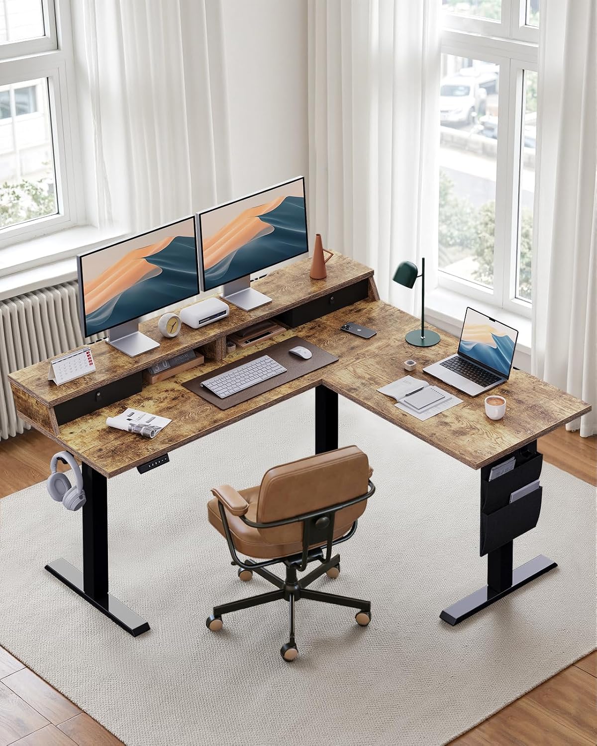 ErGear L Shaped Electric Standing Desk, 63' Ergonomic Corner Height Adjustable Desk with Drawers, Sit Stand Computer Table with Storage for Work Office Home, Vintage Brown
