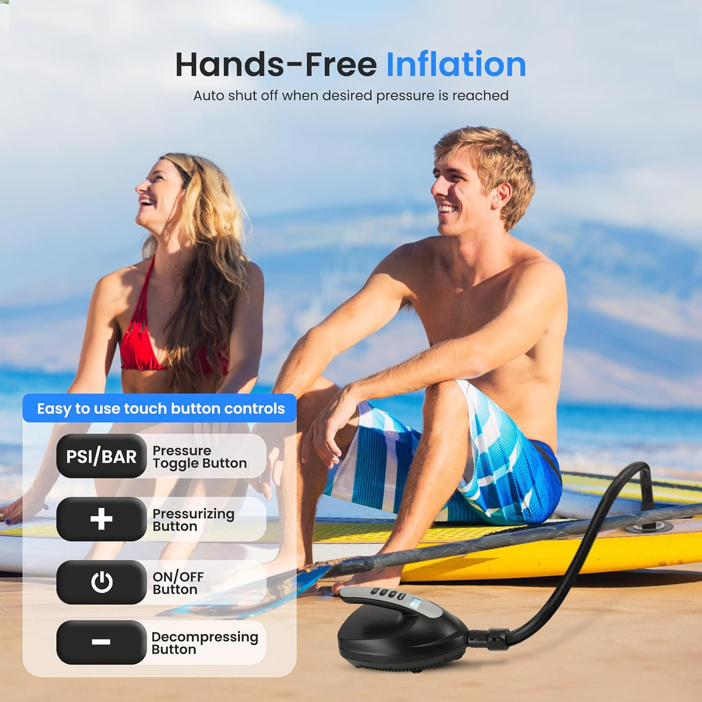 SereneLife Inflatable Stand Up Paddle Board (6 Inches Thick) & Serene Life Digital Electric Air Pump Compressor - 110W 12 Volt Quick Air Inflator w/LCD, 0-16 Adjustable PSI
