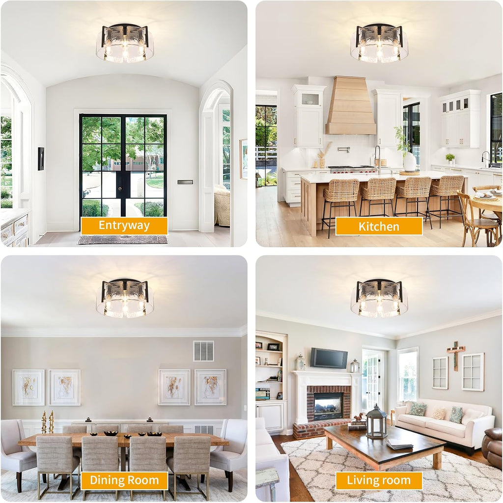 Modern 4-Light Flush Mount Ceiling Light with Hammered Glass Shade, Industrial Close to Ceiling Lighting Fixture in Matte Black for Hallway, Entryway, Bedroom, Kitchen, Dining Room, Living Room, Foyer