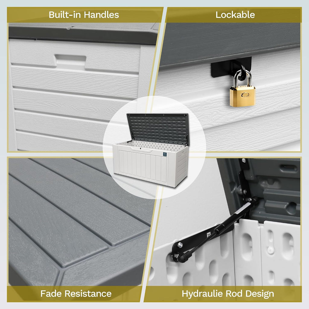 230 Gallon Large Deck Box, Durable Waterproof Resin Deck Box for Patio Furniture, Garden Tools, Pool Storage (White, 150Gallon)