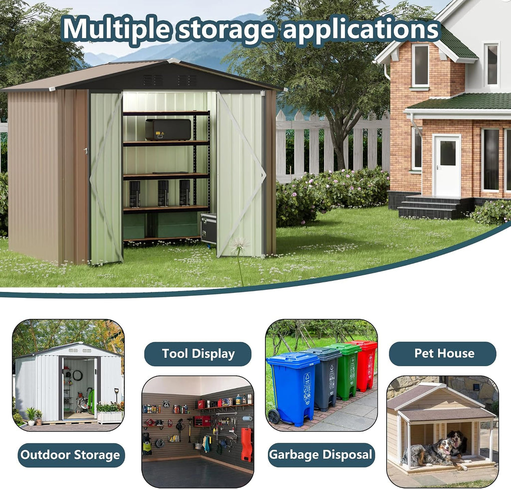 YOPTO 8x6 FT Outdoor Storage Shed,Waterproof Metal Cabinet with Apex Roof and Lockable,Storage Sheds House Shelter w/Vents,Tool House for Storing Bicycles,Lawnmowers,Brown