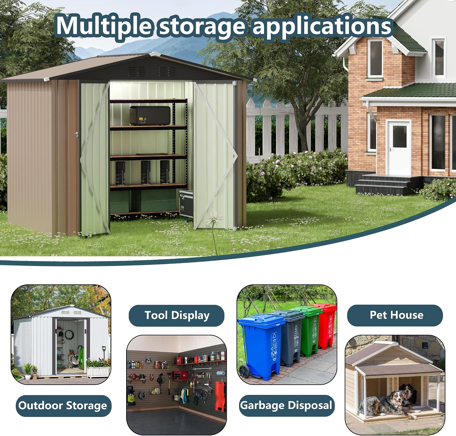 YOPTO 8x6 FT Outdoor Storage Shed,Waterproof Metal Cabinet with Apex Roof and Lockable,Storage Sheds House Shelter w/Vents,Tool House for Storing Bicycles,Lawnmowers,Brown