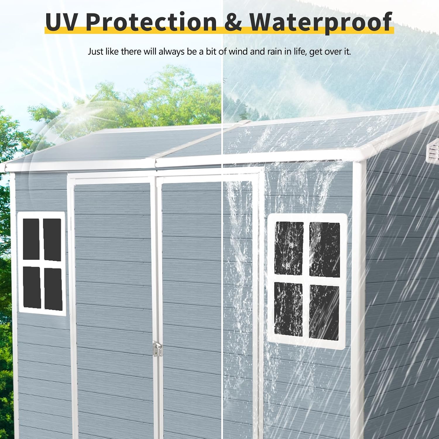 8x4ft Resin Outdoor Storage Shed: Double Doors & Two Windows, Heavy-Duty Plastic Shed with Floor, Waterproof UV-Proof Garden Tool Storage for Backyard, Patio, Yard, Lawn