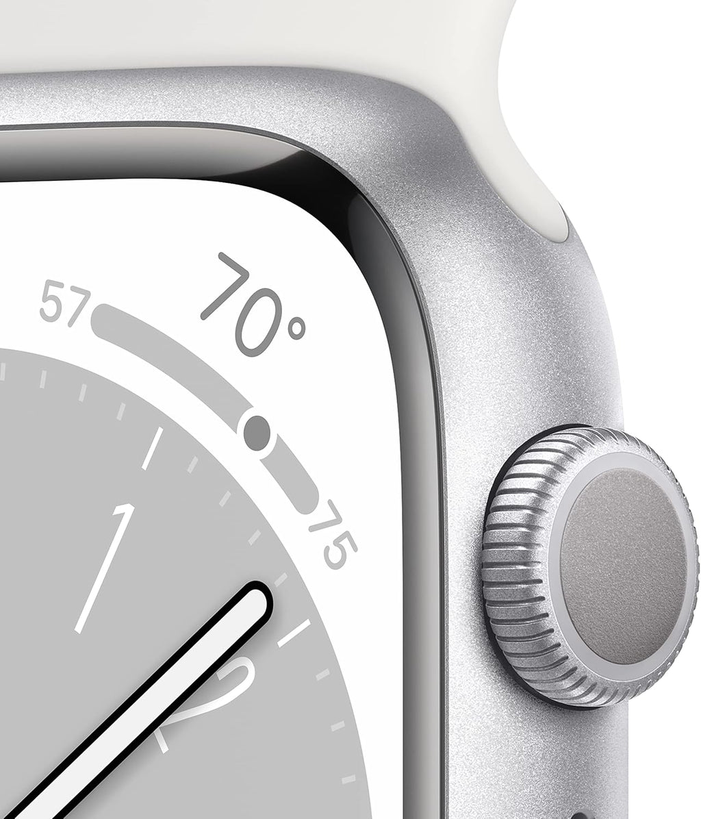 Apple Watch Series 8 (GPS, 45MM) Silver Aluminum Case with White Sport Band, M/L (Renewed Premium)
