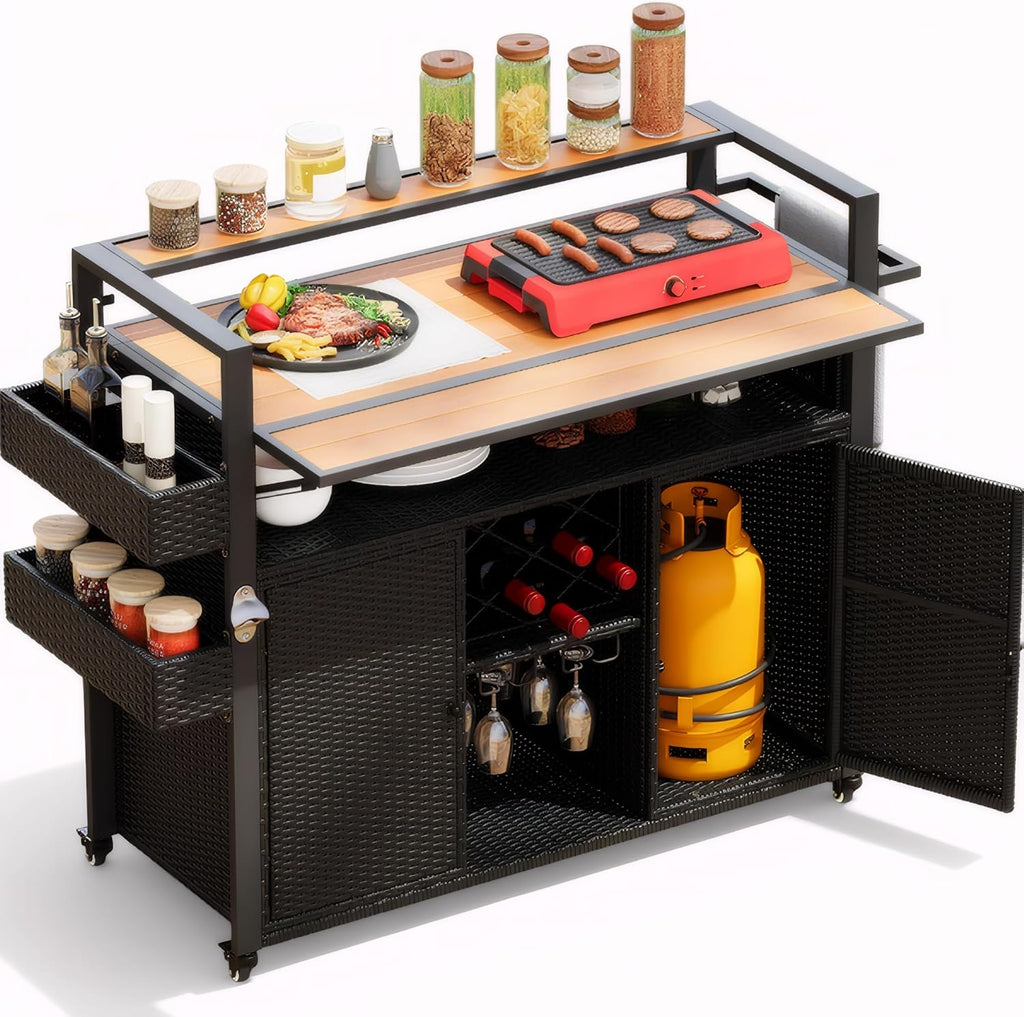 52.8' W Wicker Outdoor Bar Cart Table with Extended Plastic Wood Table Top, Outdoor Grill Cart with Large Storage Cabinet, for Patio Backyard Garden Poolside, Double Handle Design, Black