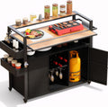 52.8' W Wicker Outdoor Bar Cart Table with Extended Plastic Wood Table Top, Outdoor Grill Cart with Large Storage Cabinet, for Patio Backyard Garden Poolside, Double Handle Design, Black