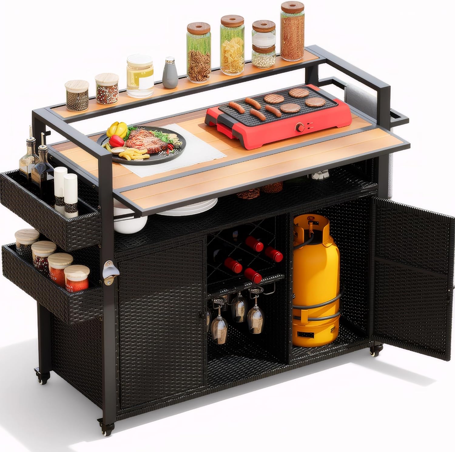 52.8' W Wicker Outdoor Bar Cart Table with Extended Plastic Wood Table Top, Outdoor Grill Cart with Large Storage Cabinet, for Patio Backyard Garden Poolside, Double Handle Design, Black