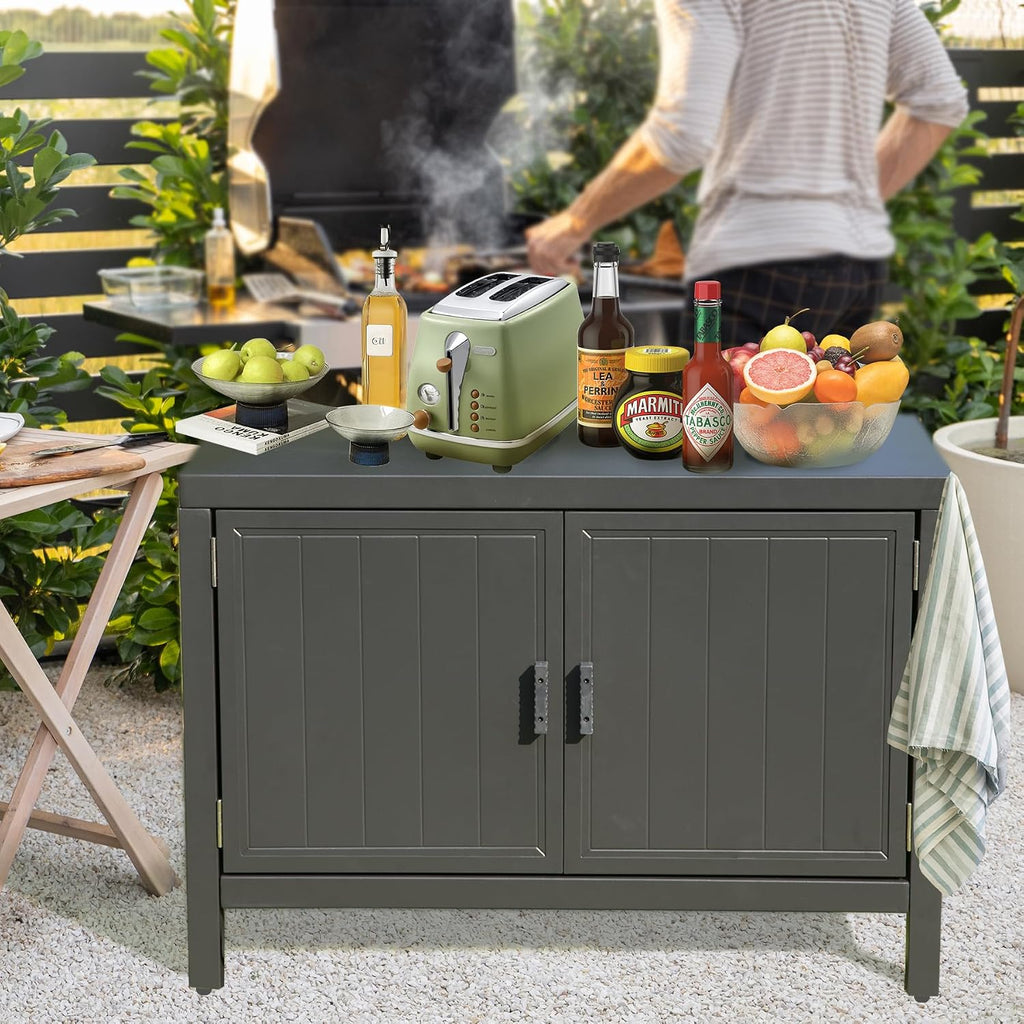 Domi Outdoor Kitchen Island with Storage, Aluminum Kitchen Storage Island Outdoor Grill Table, Freestanding Outdoor Prep Table Grill Storage Cabinet with Protective Cover for BBQ, Deck, Patio