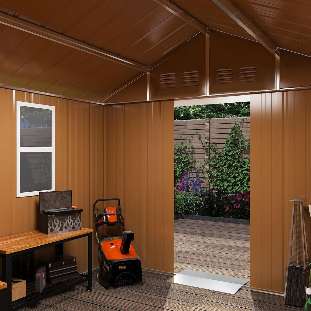 6x4 FT Heavy-Duty Outdoor Metal Storage Shed with Windows, Lockable Door & Ventilation, Weatherproof Garden Shed for Backyard, Lawn Mower, and Tool Organization (Brown, 6X4 FT)