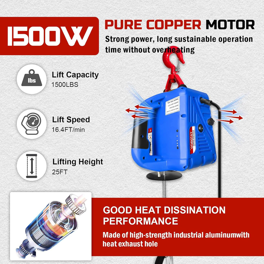 3 in 1 Electric Hoist Winch,1500 Lbs Portable Electric Power Winch,Electric Hoist 110 Volt,Wired and Wireless Remote Control,25ft Lifting Height for Garage,Factories,Warehouses