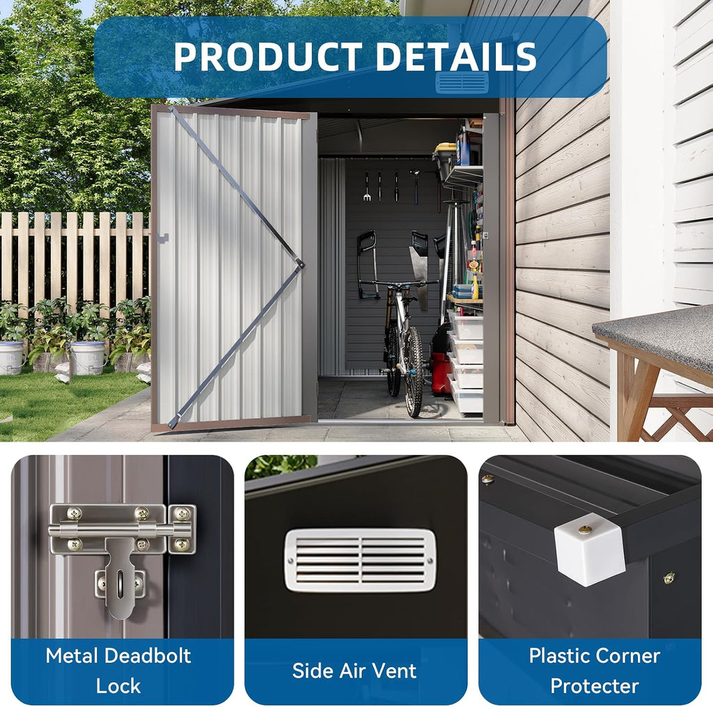 8'x6' Lean to Shed Large Storage Room Galvanized Steel Storage Sheds with Side Door Waterproof Utility Shed with Sloped Roof for Mower, Bike, Garden Tools (Brown)