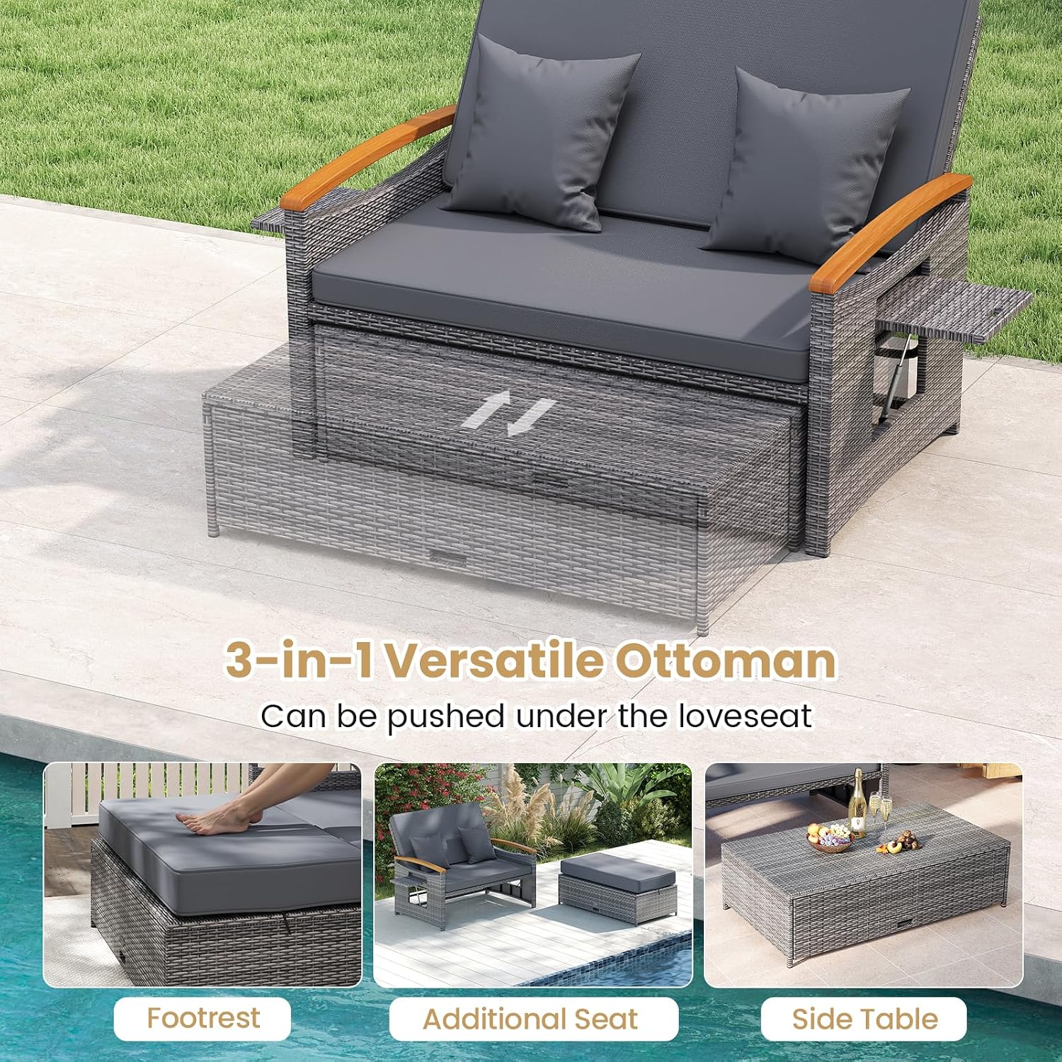 Tangkula Patio Rattan Daybed with 4-Level Adjustable Backrest, Outdoor Wicker Loveseat with Acacia Wood Armrest, Storage Ottoman & Folding Tray, Double Sunbed for Balcony, Backyard & Poolside (Grey)