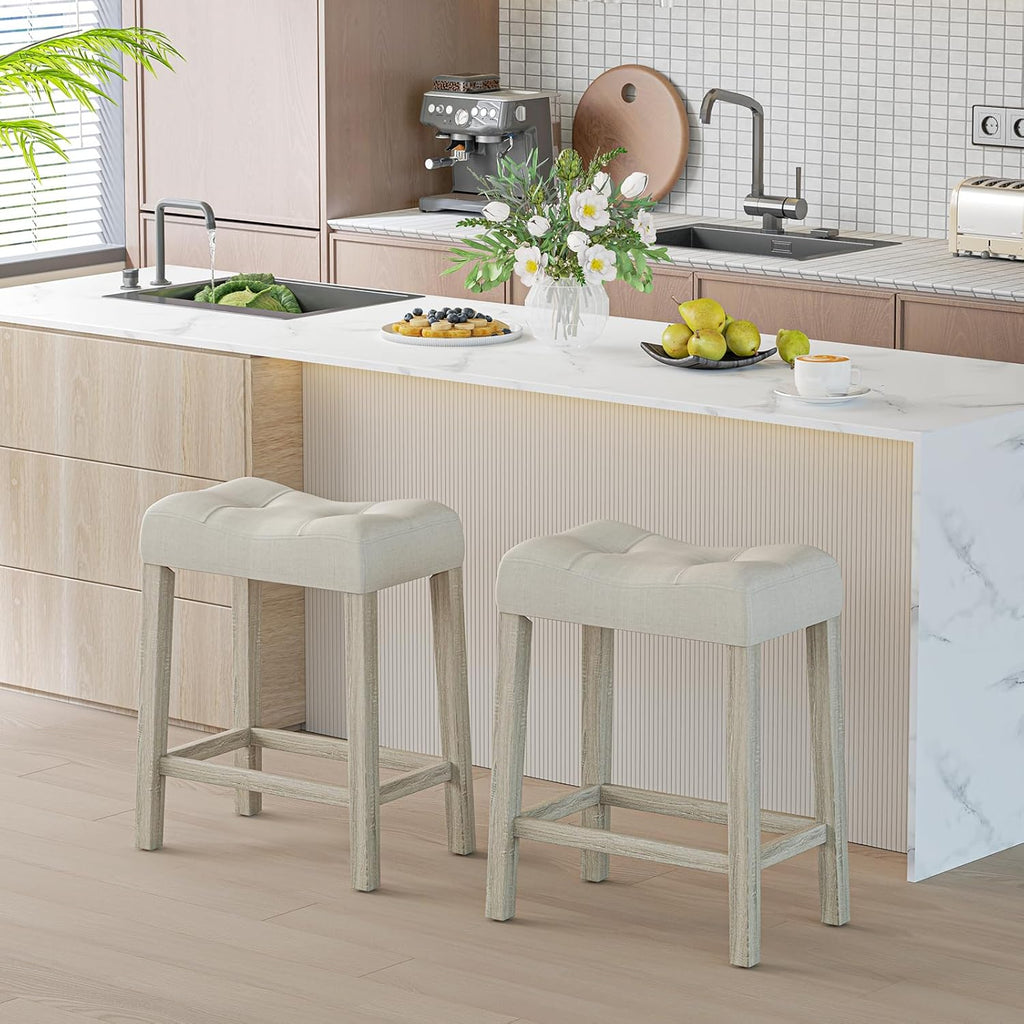 NAFORT Counter Height Saddle Stool Set of 4, Wooden Upholstered Stools Set with Rubber Wood Legs, High-Density Sponge Cushion, Non-Slip Pads, Backless Saddle Chair for Living Room, Kitchen, Pub, Beige