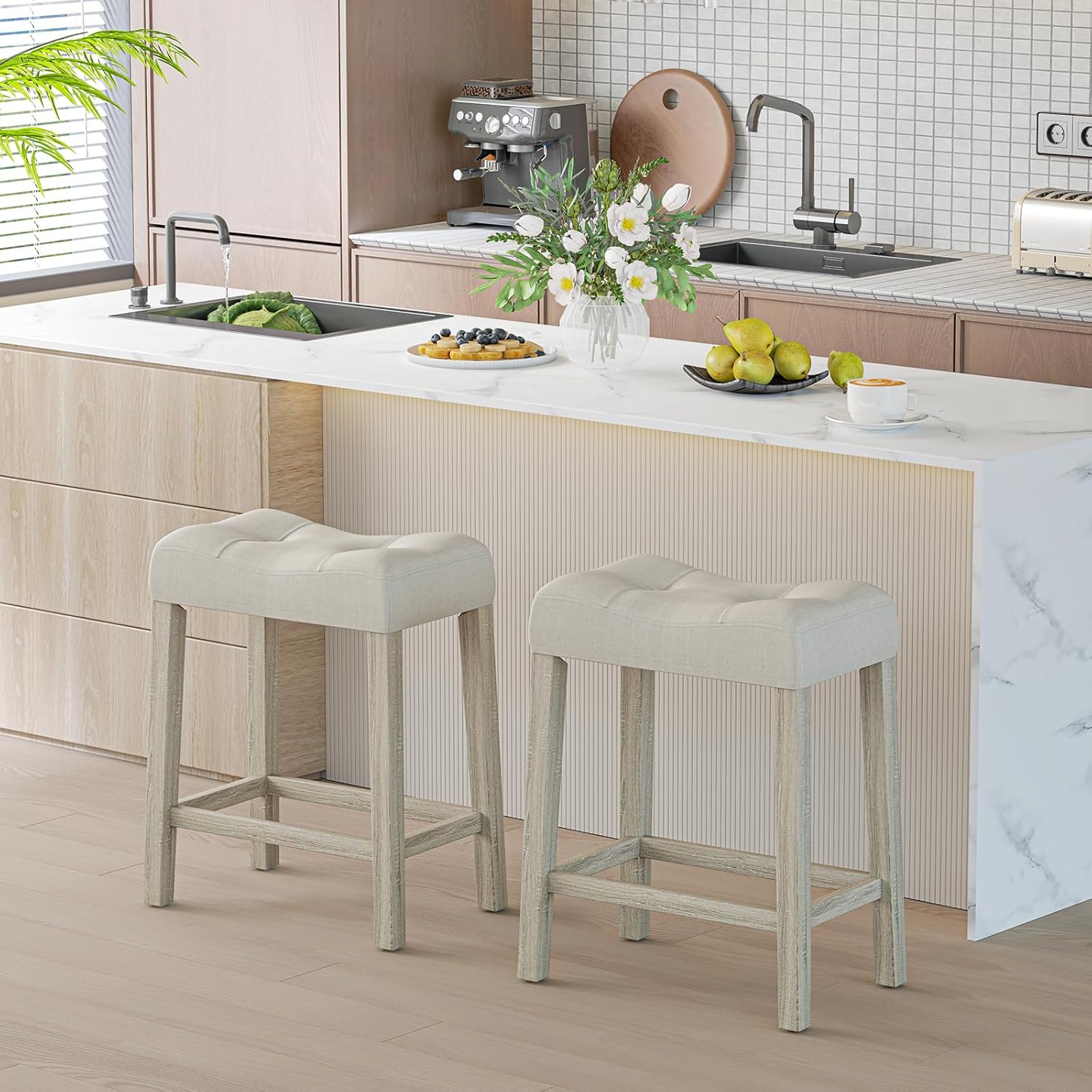NAFORT Counter Height Saddle Stool Set of 4, Wooden Upholstered Stools Set with Rubber Wood Legs, High-Density Sponge Cushion, Non-Slip Pads, Backless Saddle Chair for Living Room, Kitchen, Pub, Beige