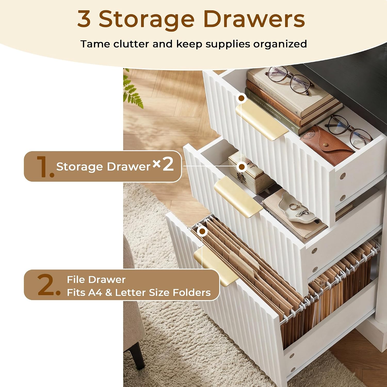 RiteSune L-Shaped Fluted Office Desk with USB Charging Station, Removable Monitor Stand, File Drawer & Adjustable Storage Cabinet, Modern Corner Computer Desk