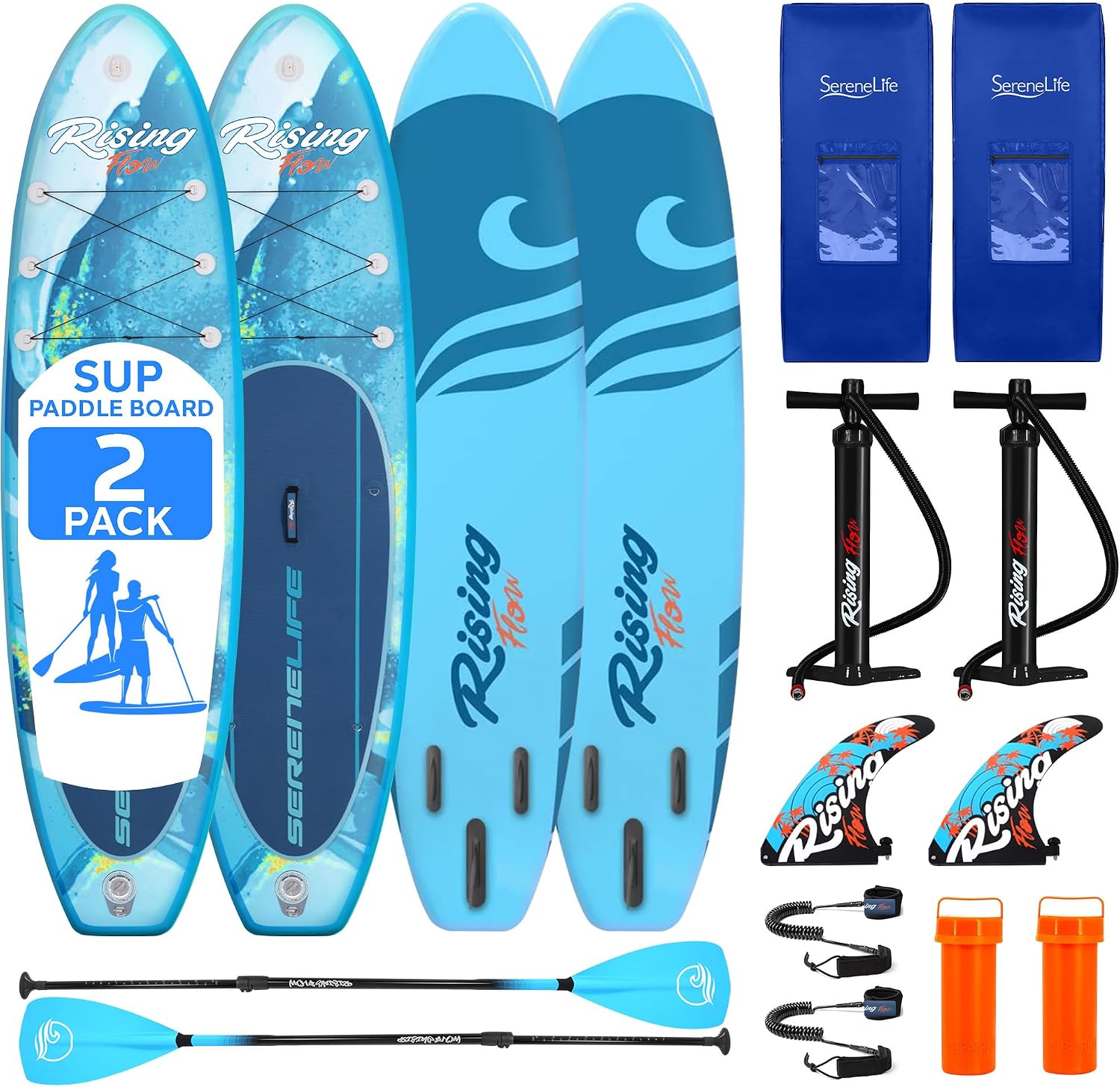 SereneLife Set of 2 Inflatable Stand Up Paddle Boards with Premium Accessories – SUP Pair with 32' Wide Stable Design, Non-Slip EVA Deck Pad for Adults and Youth of All Skill Levels, 350 lbs Capacity