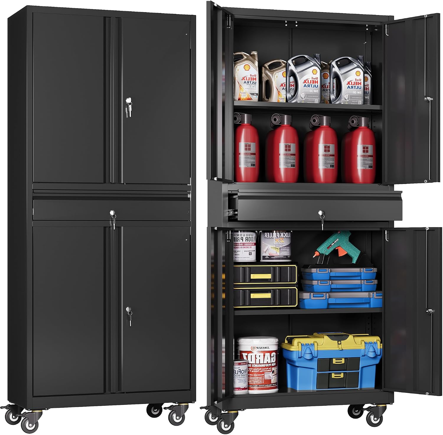 DEVAISE Metal Garage Storage Cabinet with Locking Doors and Drawer,71' Tool Cabinet with Adjustable Shelves & Wheels, 71' Steel Cabinet for Garage, Warehouse (Black)