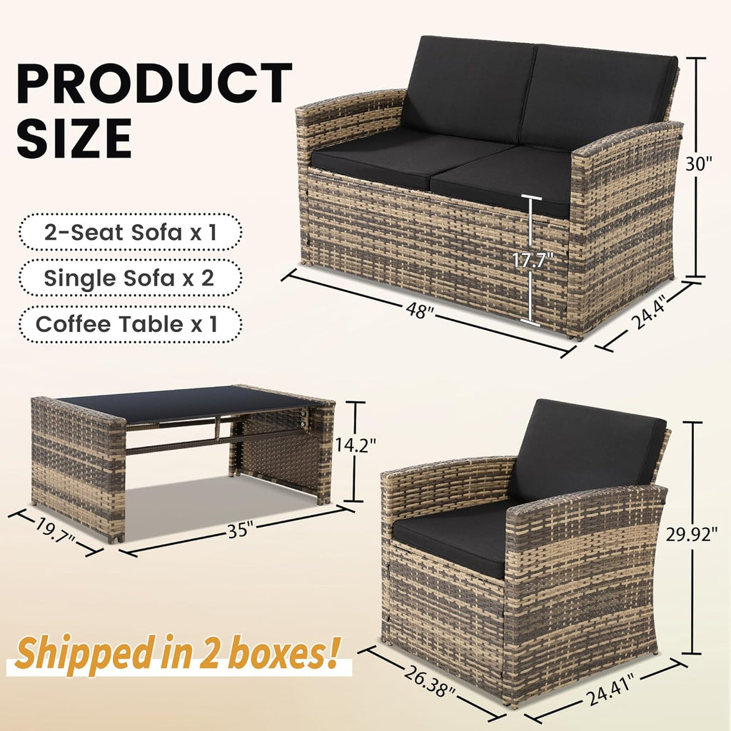 KROFEM 4-Piece Patio Furniture Set, Wicker Outdoor Rattan Sectional Sofa with Cushions and Glass Table, All-Weather Outdoor Conversation Set for Garden, Porch, Backyard, Patio, Black