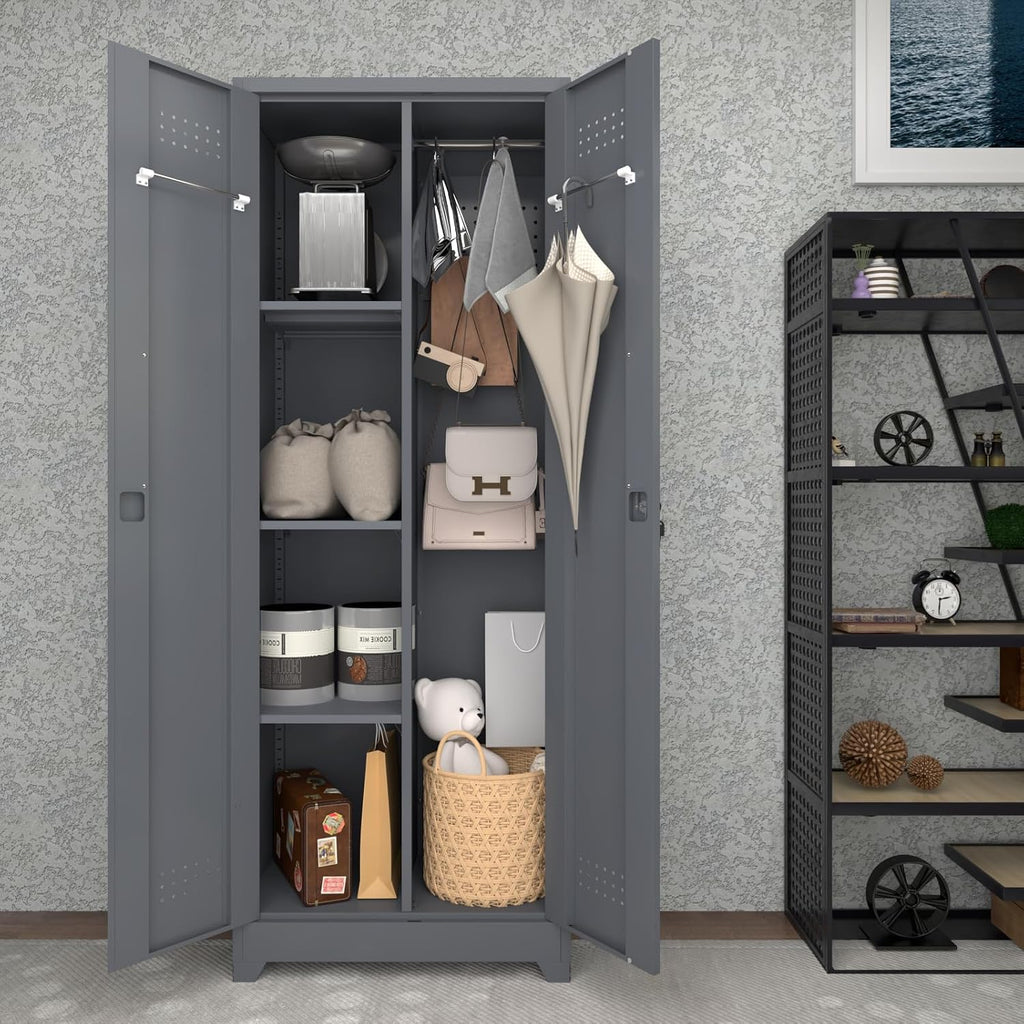 LUCYPAL 65' H Metal Garage Storage Cabinet with Shelves and Lock,Broom Closet Storage Cabinet with Hanging Rods for Mops,Garage Tool Cabinets for Utility Room,Laundry Room,Grey