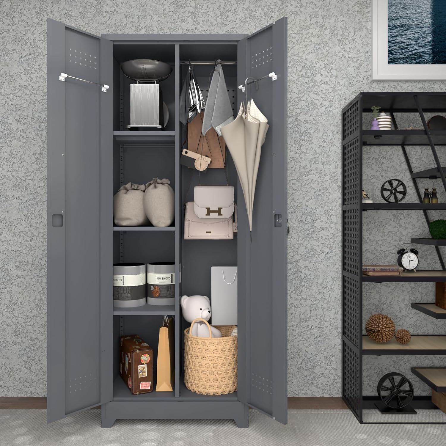 LUCYPAL 65' H Metal Garage Storage Cabinet with Shelves and Lock,Broom Closet Storage Cabinet with Hanging Rods for Mops,Garage Tool Cabinets for Utility Room,Laundry Room,Grey