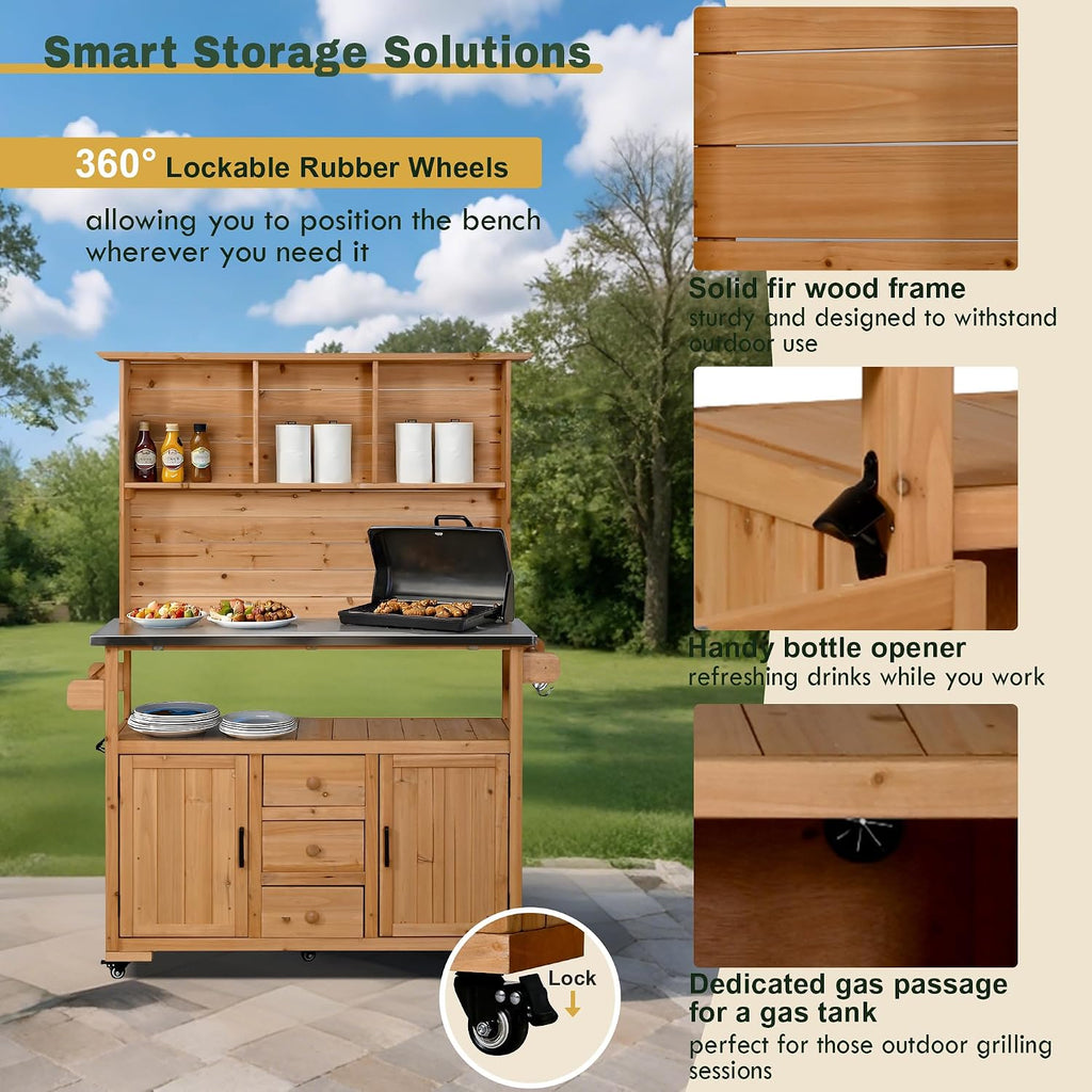 65''H Large Garden Potting Bench, Solid Fir Wood Outdoor Kitchen Island with Lockable Wheels, Stainless Steel top, Drawers, Shelf and Cabinets, Door Shelves and Hutch for Grilling (Natural-113)