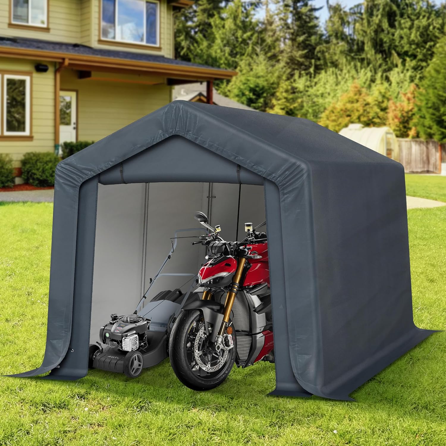 MFSTUDIO Portable Shed Garage, 8x12 Storage Tent Motorcycle Sheds Carport Heavy Duty Canopy with Rolled up Zipper Doors, Outside Utility Shelter Garages Tents for Motorcycles, Bicycles and Tools